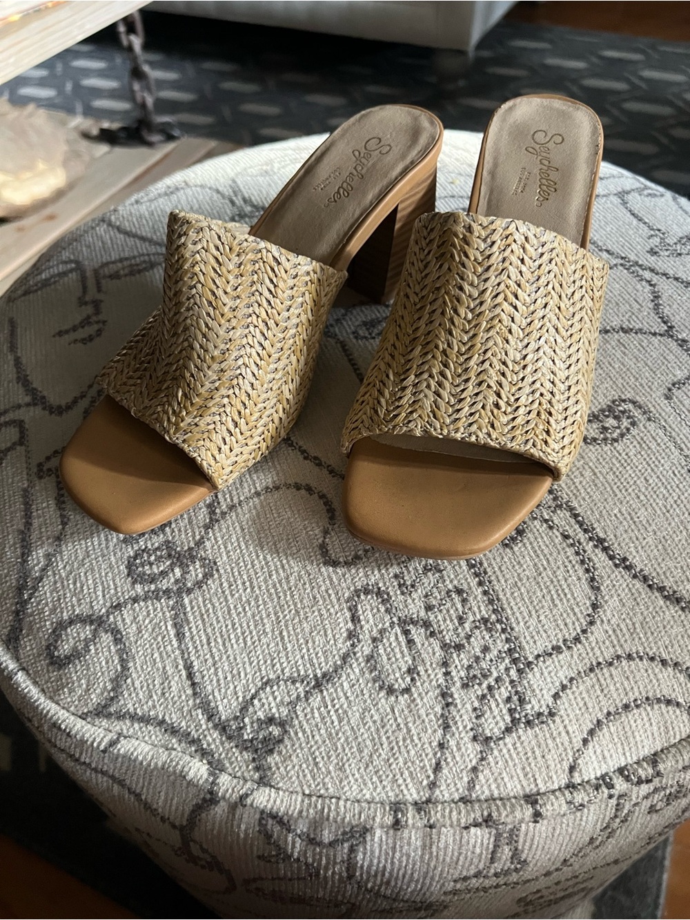 Seychelles Natural Woven Tan Slide Heels